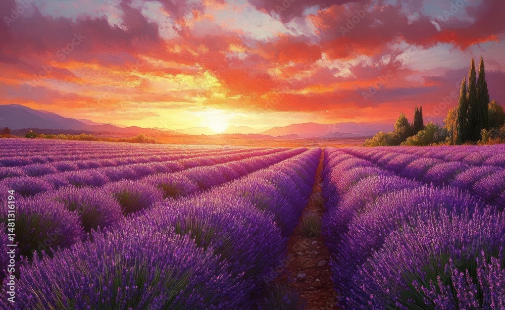 Fototapeta premium Vibrant sunset over vast lavender fields with rows of blooming purple flowers and distant mountains under a colorful sky