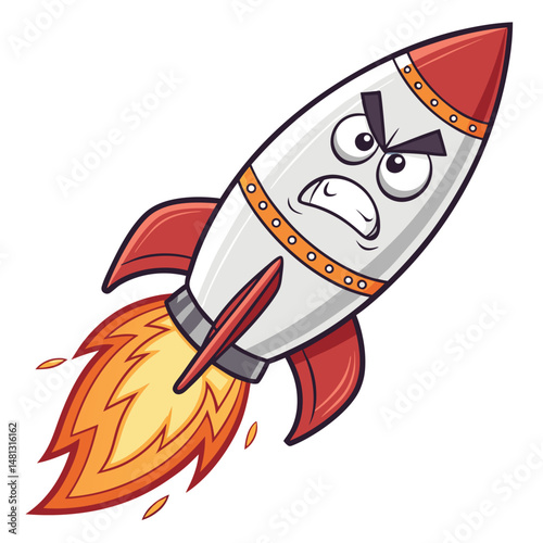 Create a cartoon illustration of an angry rocket ship, vividly expressing frustration, with fiery exhaust flames billowing from its rear.  Focus on detailed facial expression.