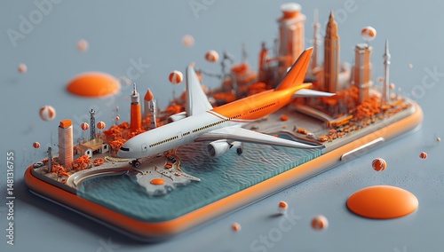 Airplane flying over miniature city on smartphone screen with orange accents and landmarks