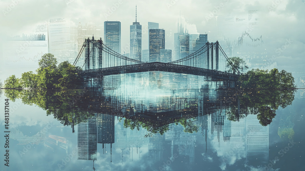 Obraz premium A double exposure of a bridge connecting two islands, with the islands representing two companies and the bridge symbolizing the merger. 