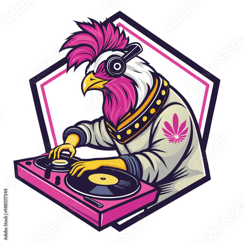 A cartoon chicken DJ expertly spinning vinyl records inside a vibrant, neon-lit nightclub, complete with disco ball and enthusiastic crowd.