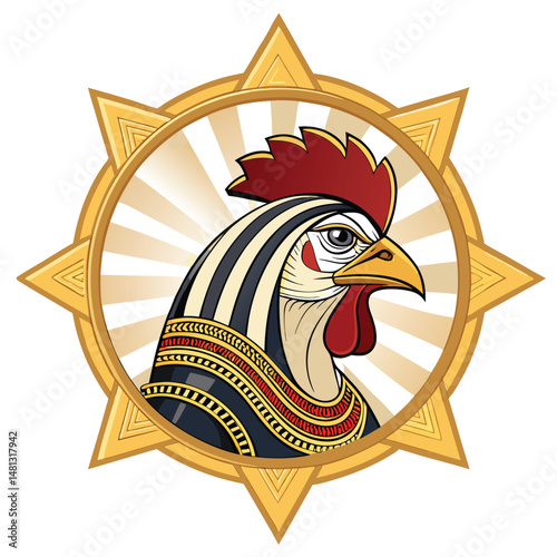 A regal chicken pharaoh, adorned in gold, sits within an ornate golden frame shaped like an ankh.  Intricate hieroglyphs decorate the frame.