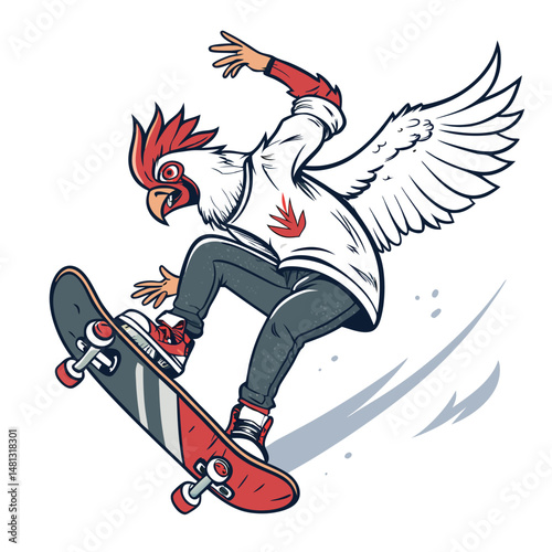 A cartoon chicken performs an ollie on a skateboard mid-air, showcasing impressive balance and skill.  Bright, vibrant colors.
