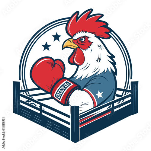 A comical illustration of a chicken wearing oversized boxing gloves, perched inside a brightly lit boxing ring, ready to fight.