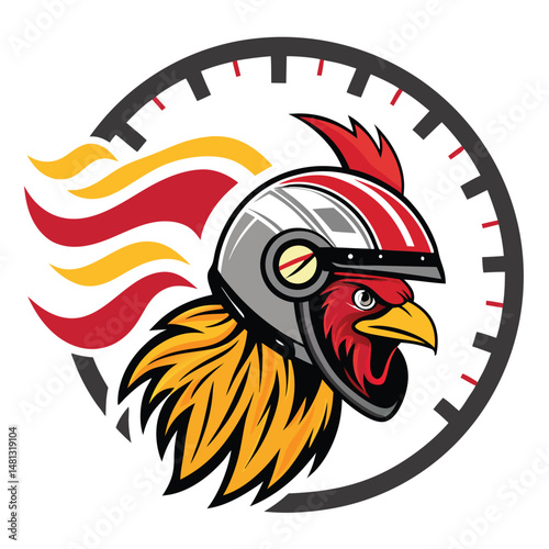 A cartoon chicken wearing a racing helmet, leaving a fiery trail behind it, mid-race.  Dynamic pose, vibrant colors.