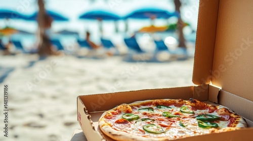 Tasty Pizza in Cardboard Box on Sandy Beach with Ocean Background