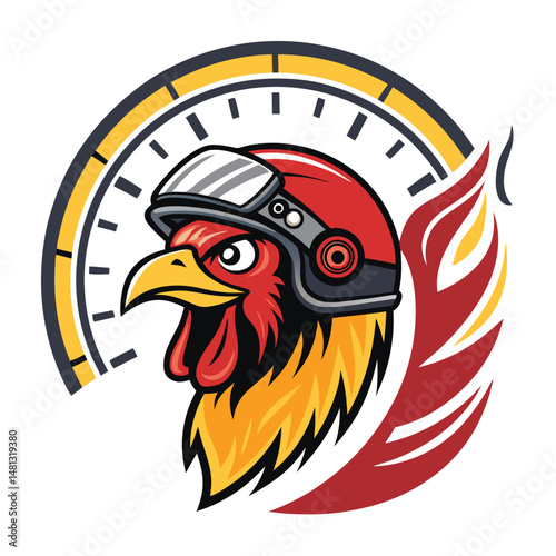 A cartoon chicken wearing a racing helmet, leaving a fiery S-shaped trail behind it, against a white background.