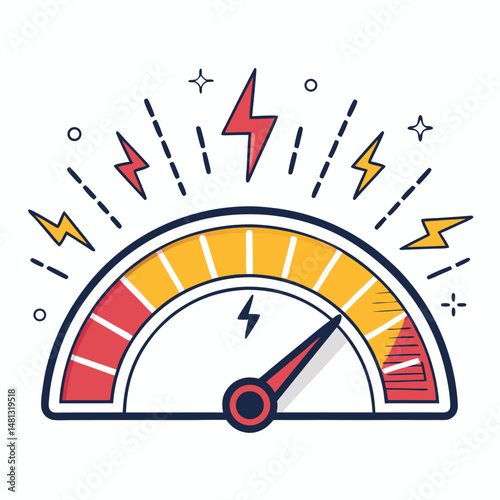 Design a vibrant combo meter UI bar displaying energy levels, featuring red and white accents, with dynamic energy sparks.  High-resolution, detailed.
