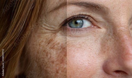 Close up of a woman's face showing skin damage and wrinkles compared to smoother skin tone