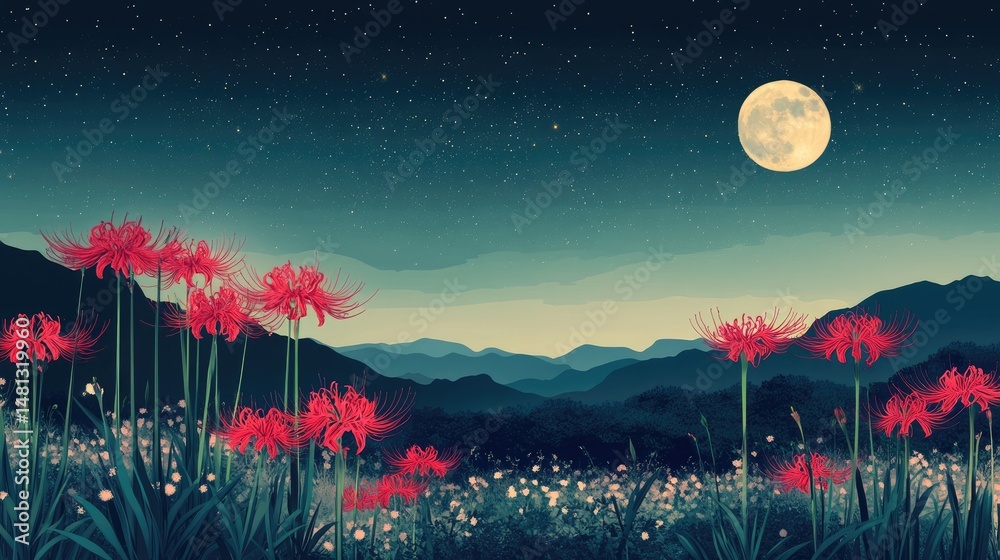 Naklejka premium A serene night scene featuring a vibrant field of red flowers under a bright full moon. with twinkling stars scattered across the dark sky and a silhouette of trees in the background