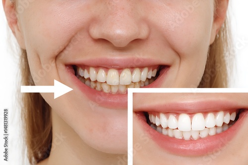 Close up of a woman's smile with an arrow pointing to it and a smaller inset image of teeth