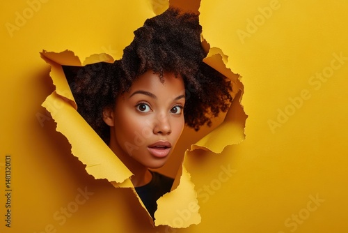 Surprised young woman with curly hair peeking through torn yellow paper background expressing shock and curiosity