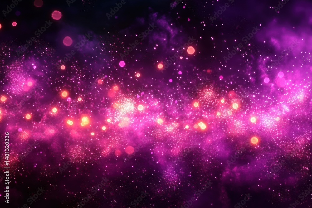 Fototapeta premium Vivid cosmic scene with glowing pink and purple nebulous clouds and sparkling bright yellow and orange stars scattered across the dark space