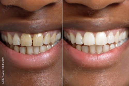 Close up of teeth before and after whitening showing improved color and brighter smile tone