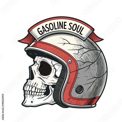A cracked, weathered skull helmet, adorned with a tattered banner reading "Gasoline Soul," set against a dark, gritty background.