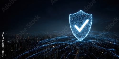 Glowing blue shield with checkmark over a network connected to a city at night time