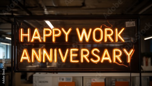 Illuminated happy work anniversary sign in a modern office setting with blurred background