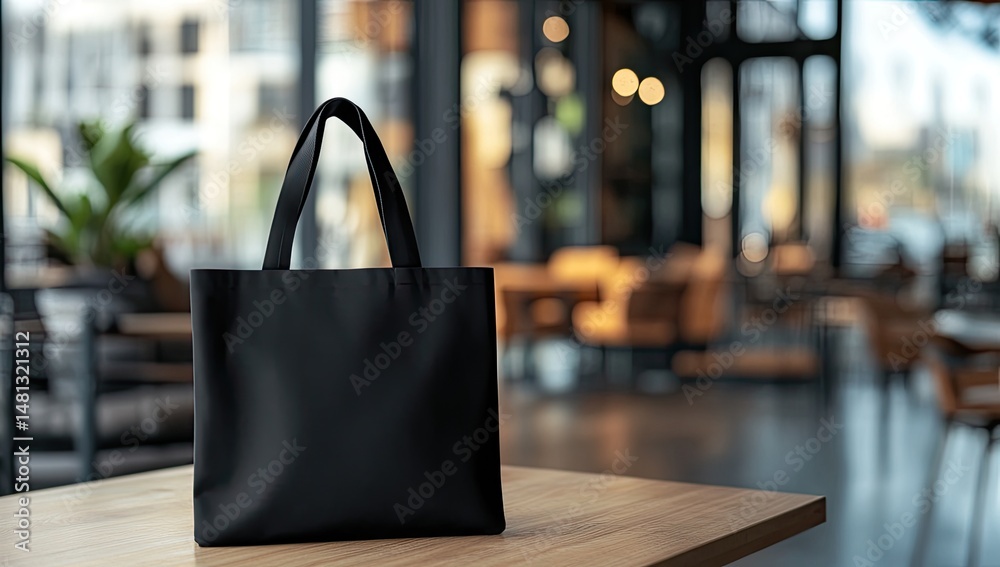 custom made wallpaper toronto digitalBlank black tote bag on a wooden table in a cafe
