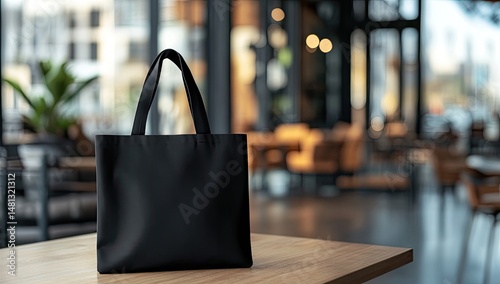 Wallpaper Mural Blank black tote bag on a wooden table in a cafe Torontodigital.ca