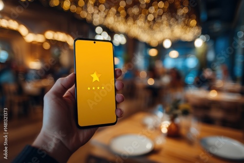 Hand holding phone with five star rating on yellow screen in restaurant setting blurred lights