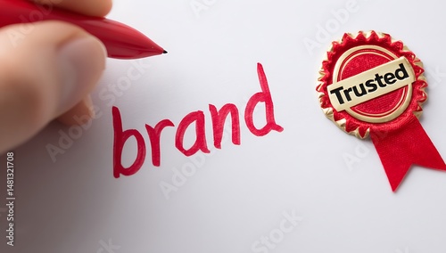 Hand writing the word brand in red with a trusted badge on a white surface close up view