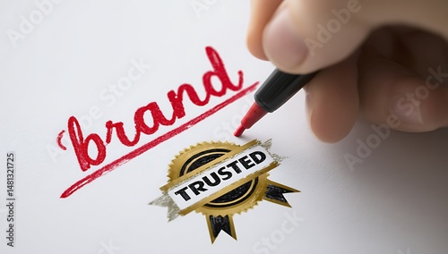 A person drawing the word brand in red with a marker above a trusted emblem on white paper