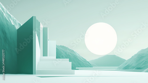 A balanced minimalist layout featuring white and green tones with stacked and layered geometric shapes adding depth and simplicity. [Cryptosea Trench] | Isobar Crown | balanced depth. Illustration