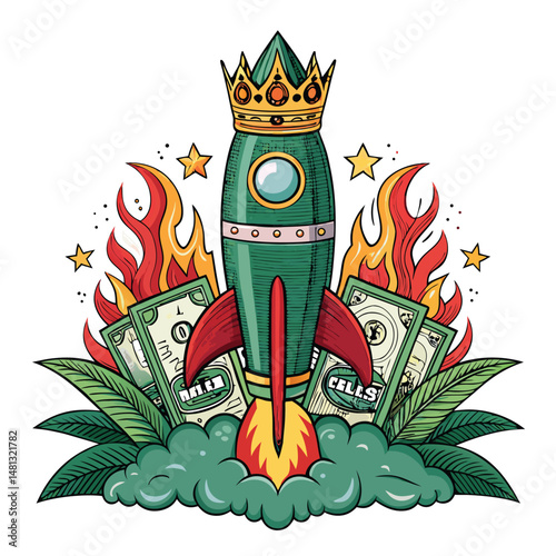 A majestic rocket, adorned with a golden crown, soars amidst a flurry of dollar bills and flames.  Illustrate opulence and ambition.