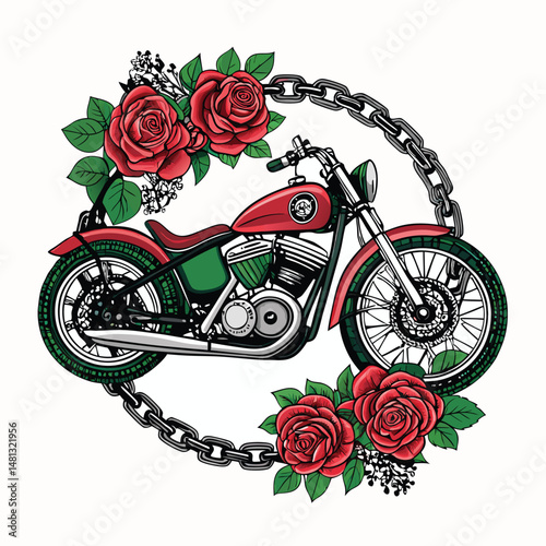A meticulously crafted custom bobber motorcycle, adorned with vibrant pink roses, rests elegantly in a lush garden setting.
