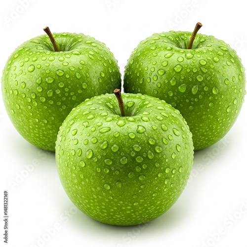 Three fresh green apples with water droplets isolated on a white background, green apples with water drops