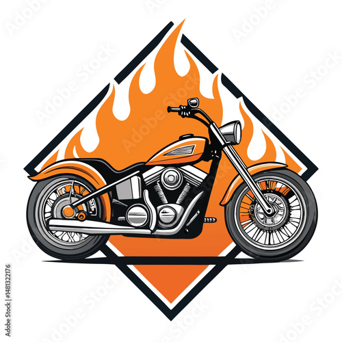 A custom chopper motorcycle fiercely depicted within a vibrant, diamond-shaped flame badge, showcasing intricate detailing and bold chrome.