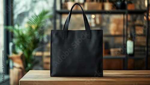 Wallpaper Mural Stylish black tote bag on a wooden table Torontodigital.ca