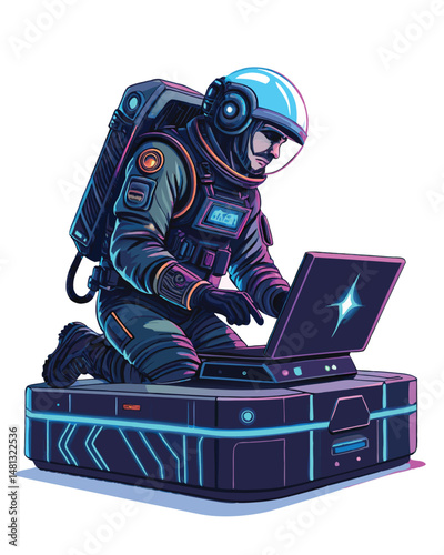 A futuristic astronaut, neon-lit, skillfully hacks a levitating holographic terminal in a cyberpunk cityscape.  Rain streaks the visor.