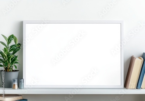 White Frame Mockup On White Shelf With Plant And Books