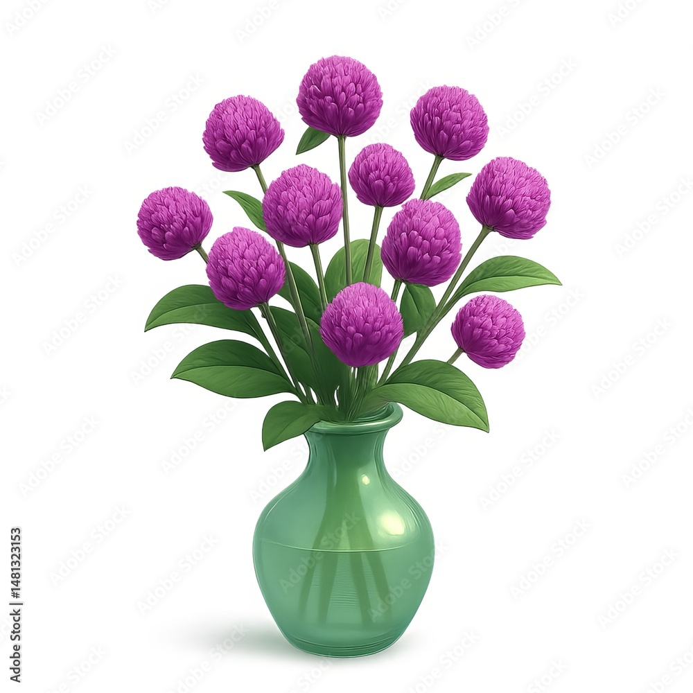 Obraz premium Vibrant 3D Gomphrena Arrangement in a Simple Green Vase