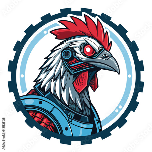 A futuristic cyborg chicken, glowing red eye prominent, within a high-tech laboratory setting.  Detailed, realistic rendering.