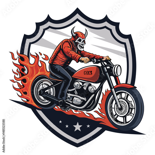 A fierce demon biker, chrome horns blazing, rides a chopper with flaming exhaust pipes, hellish landscape backdrop.