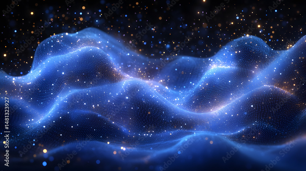 Obraz premium Ethereal digital landscape featuring blue wireframe hills dotted with glowing particles against a dark, bokeh background. Dreamlike and mesmerizing. Abstract wireframe in dark blue.