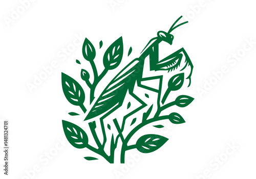 Mantis Hand Drawn Natural Illustration Stylized as Linocut Vector Isolated by AZ for Books, Arts, Design and Decoration Graphic Asset