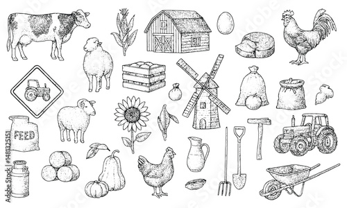 A detailed black-and-white farm illustration featuring animals, crops, tools, and structures like a barn, windmill, and tractor, capturing the essence of rural life and agriculture