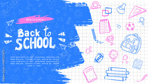 Back to School Book Paper Doodles Illustration. Back to School background with Book Paper and school supplies Doodles. Back to School Banner.