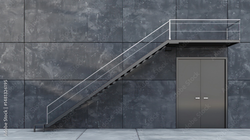 Obraz premium Exterior metal staircase and door on a modern gray stone wall. A metal stairwell leading to an exterior balcony, a dark gray metal door