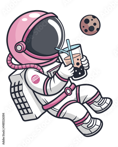 A weightless astronaut, gracefully floating, enjoys a refreshing bubble tea amidst the star-dusted void of space.  Detailed depiction of the tea and the zero-gravity environment is crucial.