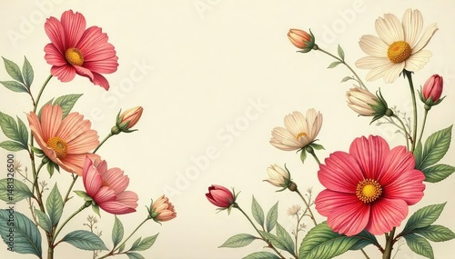 Vintage-style botanical illustration of blooming flowers, delicate linework, antique aesthetic , line drawing, wallpaper