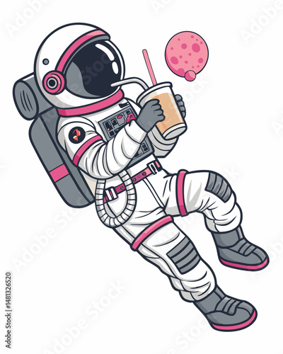 A weightless astronaut, gently floating, sips bubble tea amidst the star-dusted void of space.  The straw, boba pearls, and condensation add realism.
