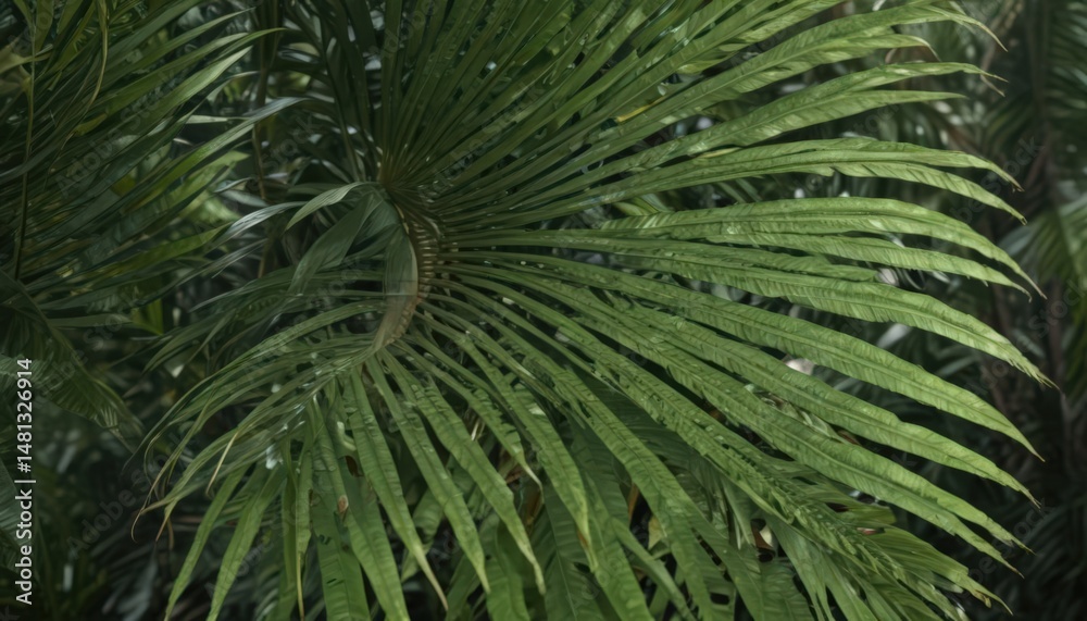 Fototapeta premium Intricate detail of a lush tropical palm frond , rainforest, jungle, wallpaper