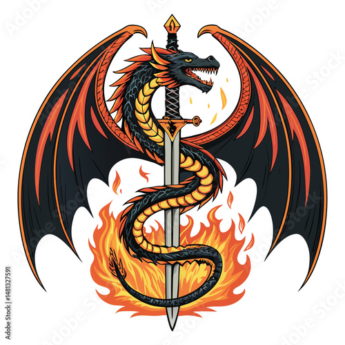 A fiery serpent, scales shimmering, coils tightly around a flaming sword, its fiery breath mingling with the sword's incandescent glow.