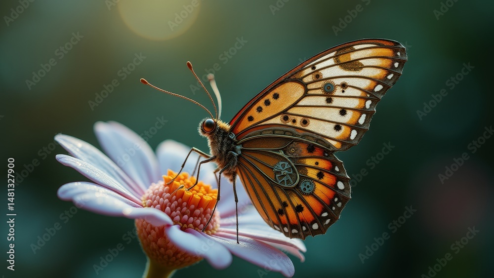 Fototapeta premium Clockwork Butterfly on Crystal Flower