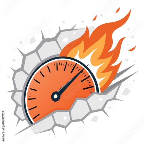 A fiery, speedometer-shaped fireball explodes through a wall, leaving a trail of intense heat and light.  Detailed, vibrant colors.