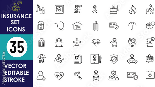 This image shows 35 vector insurance icons including health, fire, car, home, travel, life, document, protection, medical, umbrella, heart, and security symbols